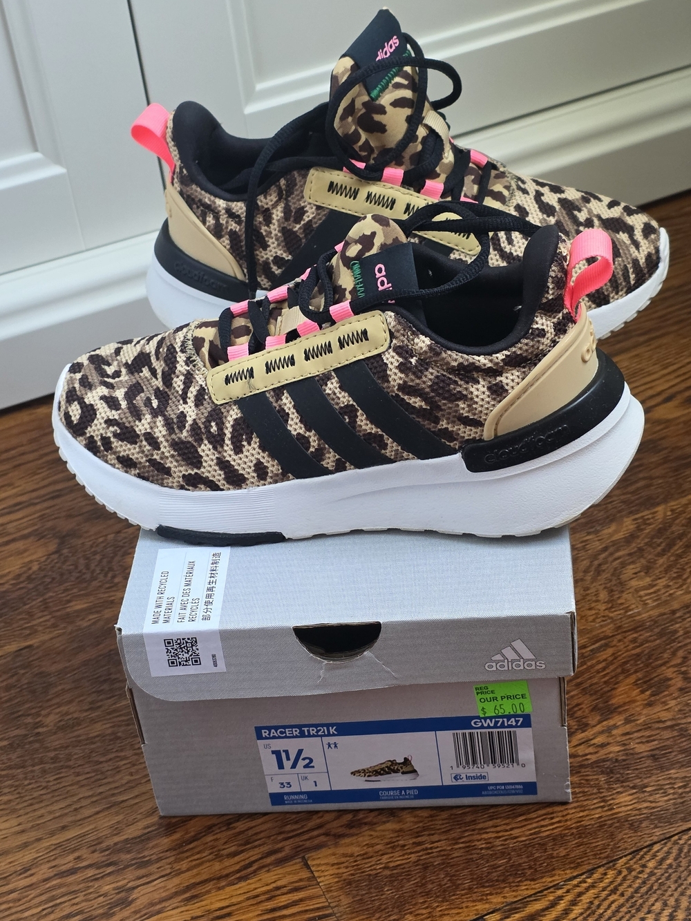 adidas Kids Leopard Print Sneakers with Black Stripes & Pink Accents